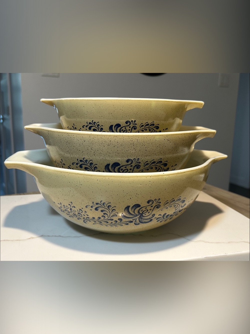 Pyrex Cream Nesting Bowls with Blue Floral Motif
